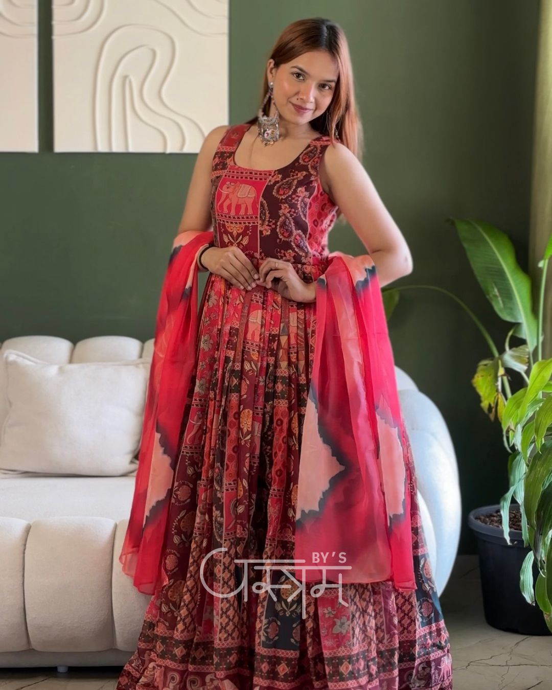 Patola Printed Soft Organza Designer Gown with Dupatta – Festive Wear