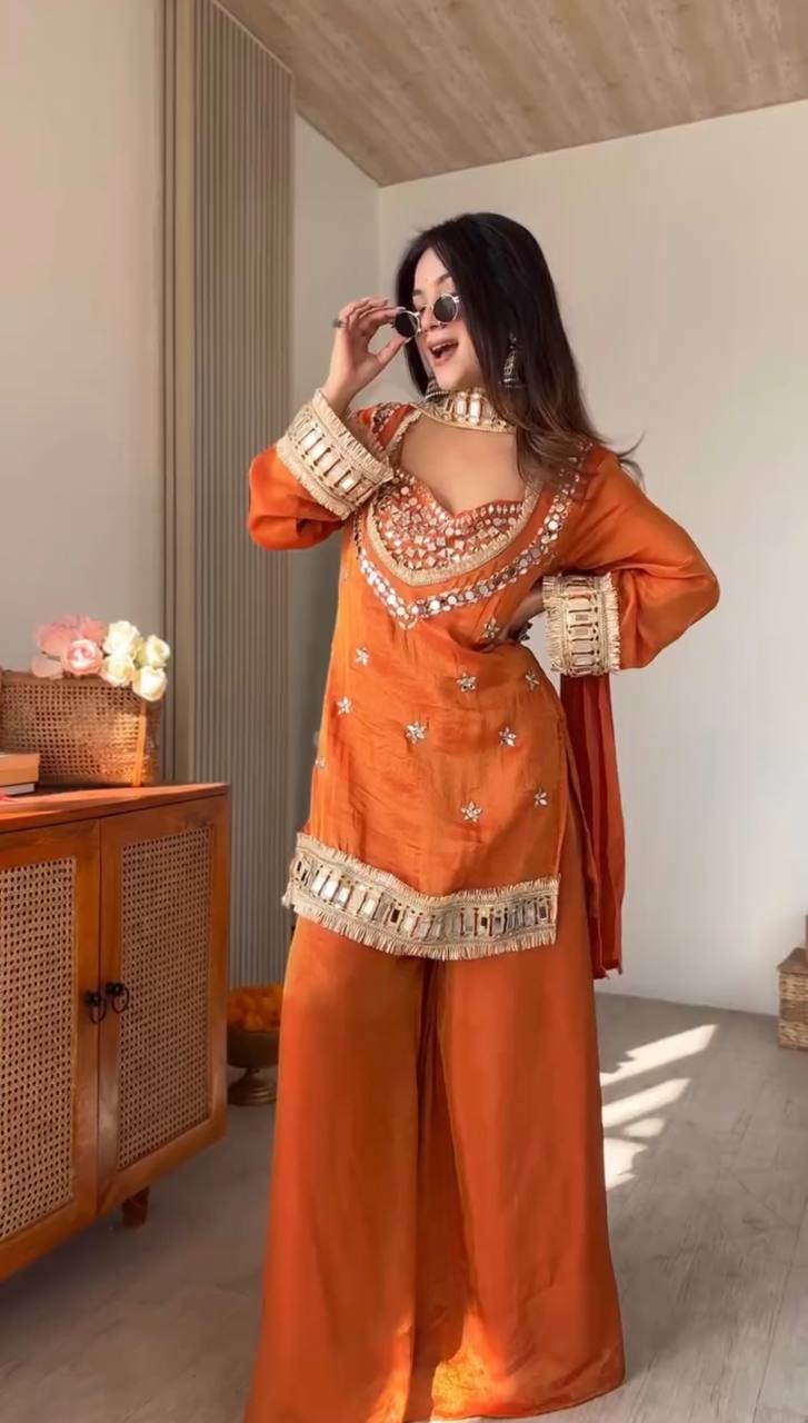 Designer Georgette Sharara Set with Dupatta ( Flair | RUST )