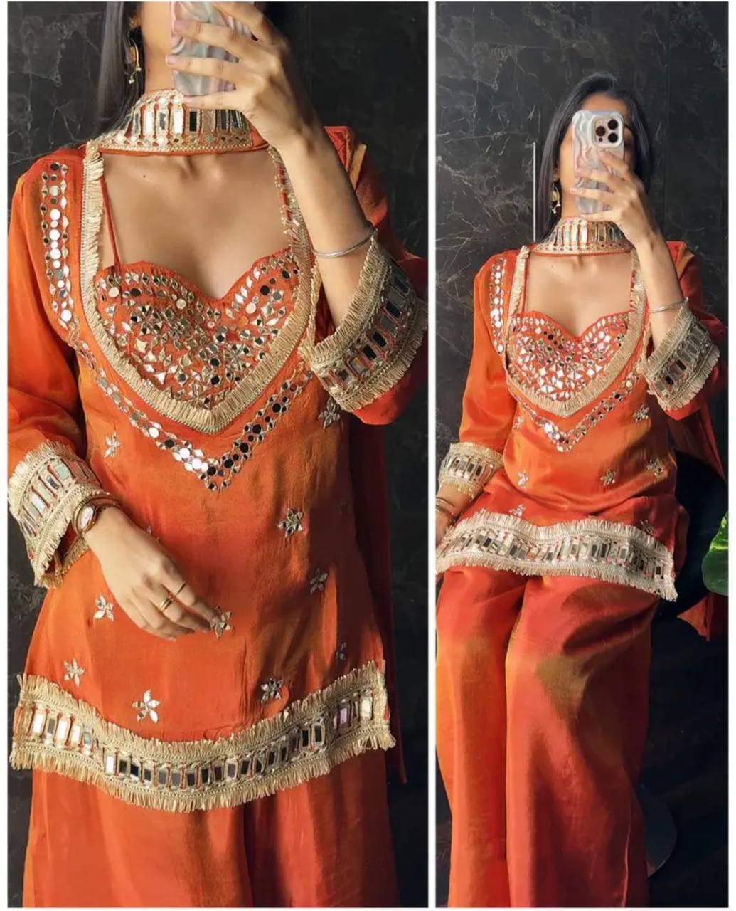 Designer Georgette Sharara Set with Dupatta ( Flair | RUST )