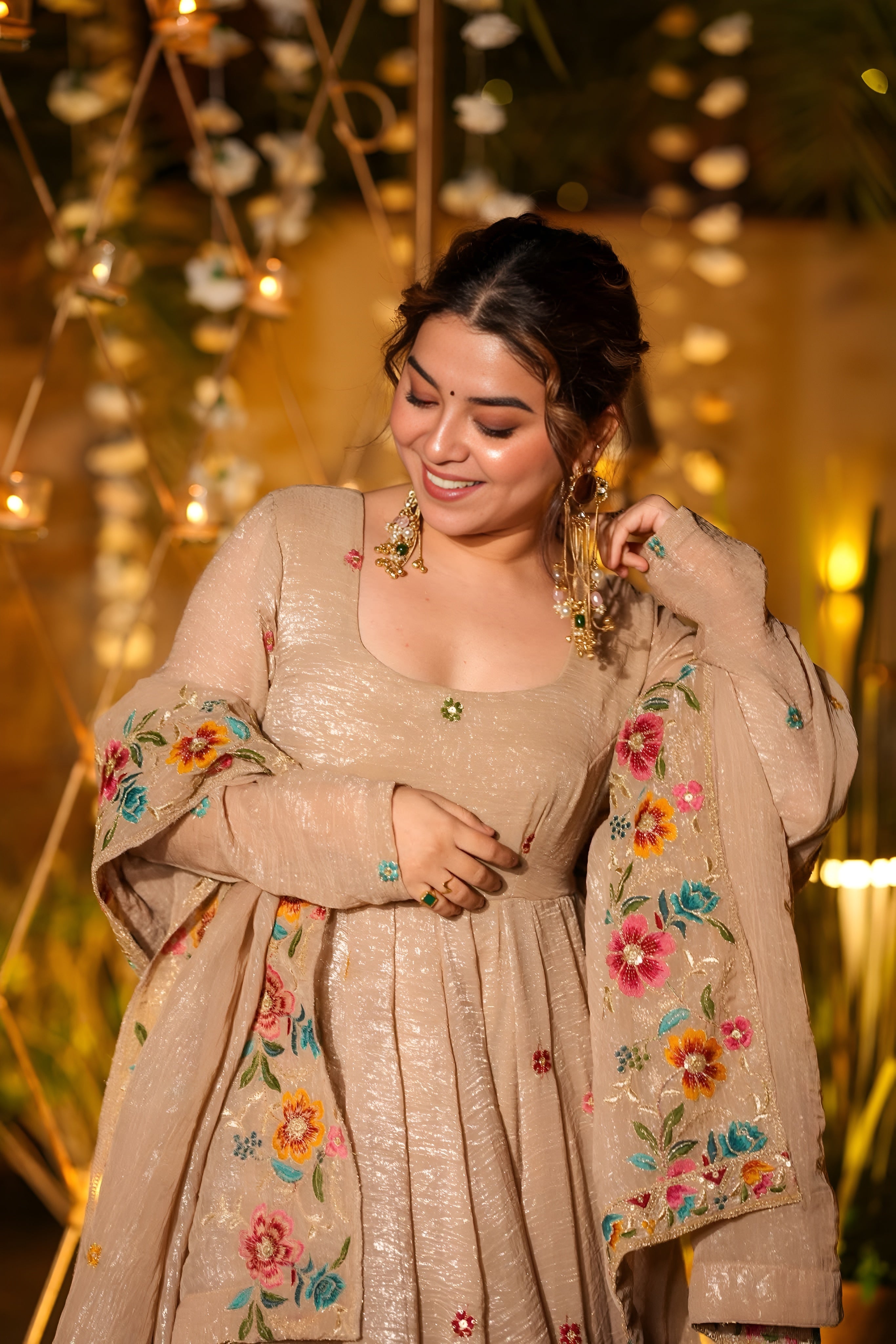 Premium Soft Crunchy Silk Anarkali Suit Set with Sharara & Dupatta (Beige)