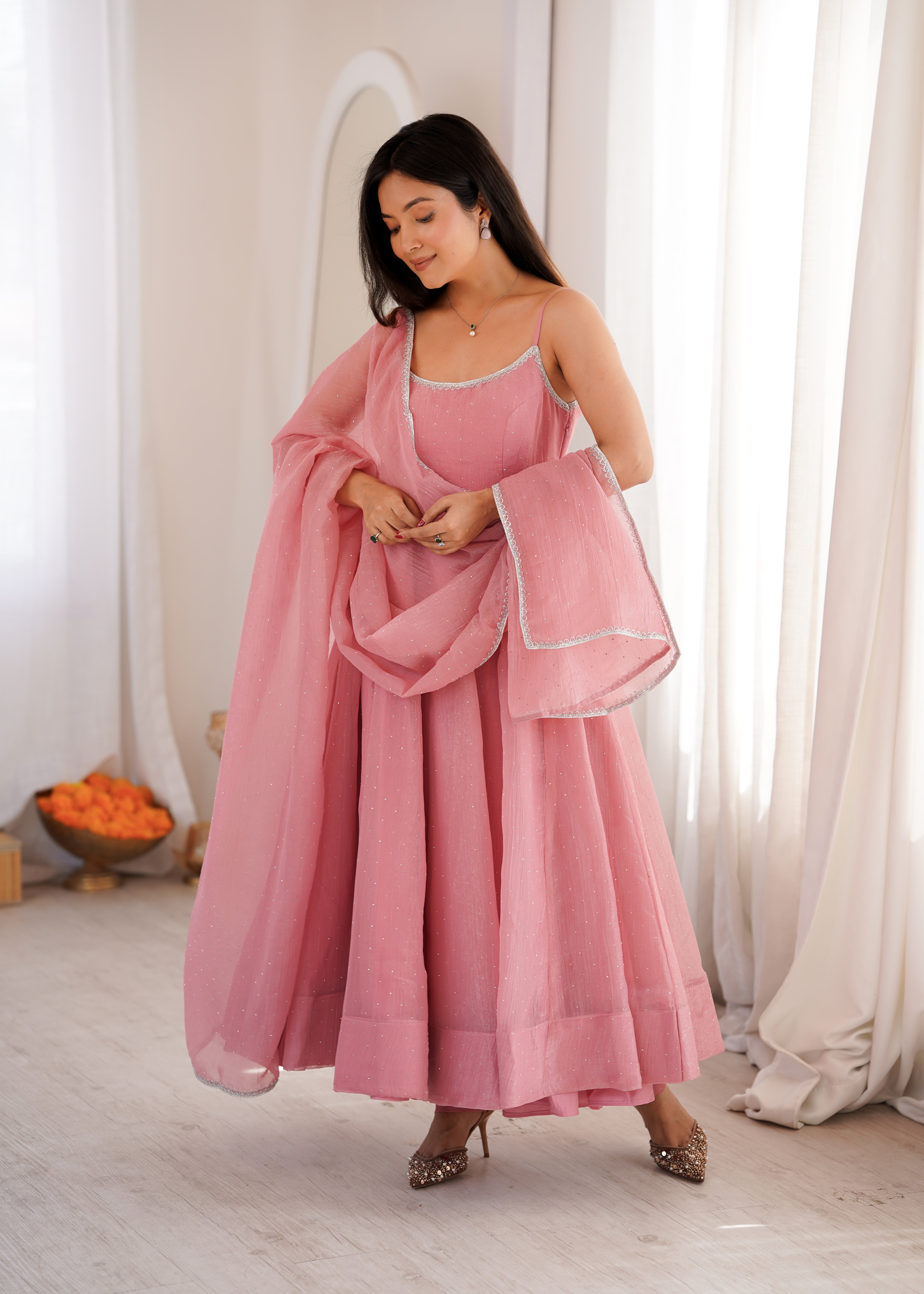 Women's Premium Crunchy Silk Anarkali Suit Set with Sirovski Work, Kali Cut Flare & Dupatta