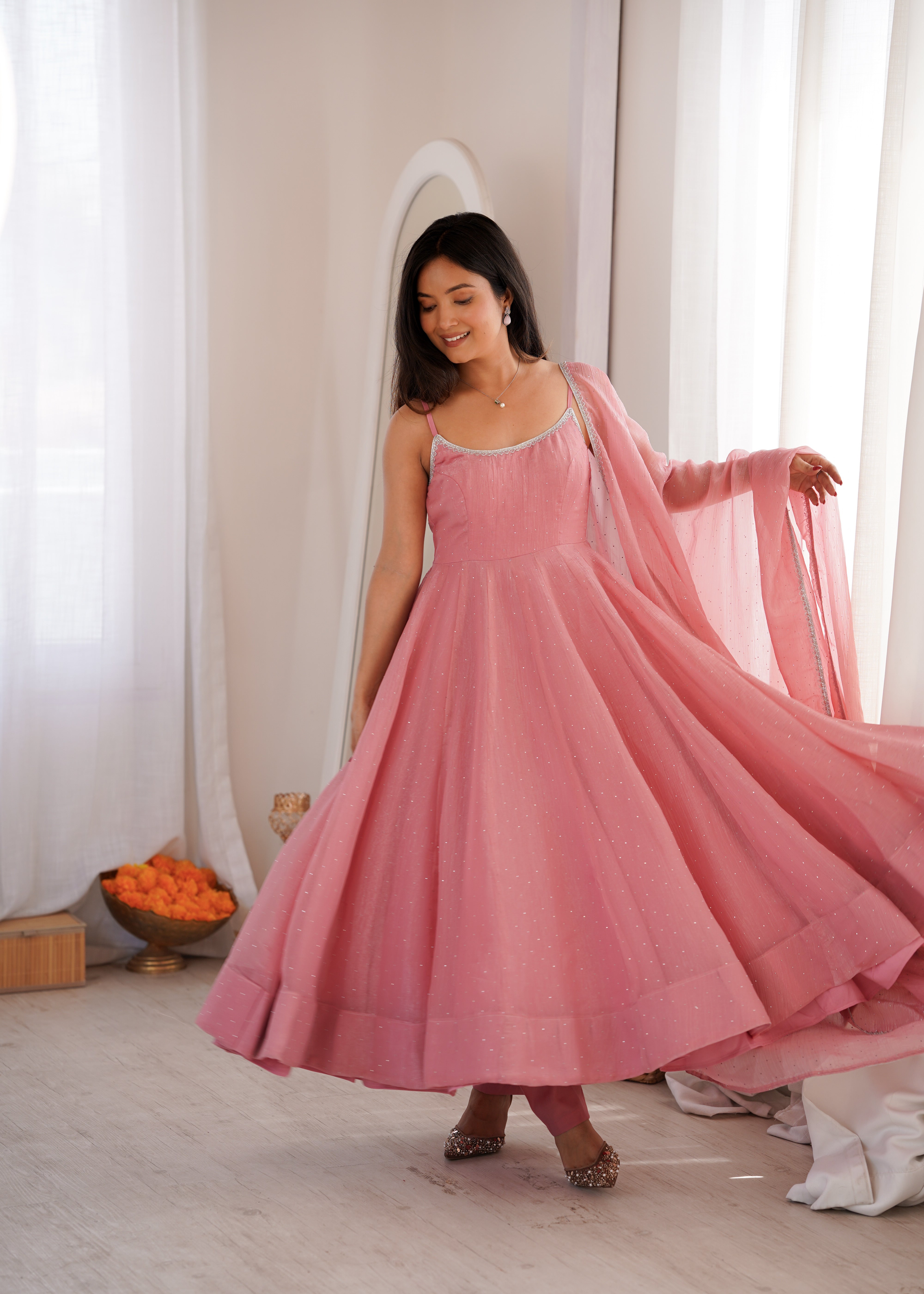 Women's Premium Crunchy Silk Anarkali Suit Set with Sirovski Work, Kali Cut Flare & Dupatta