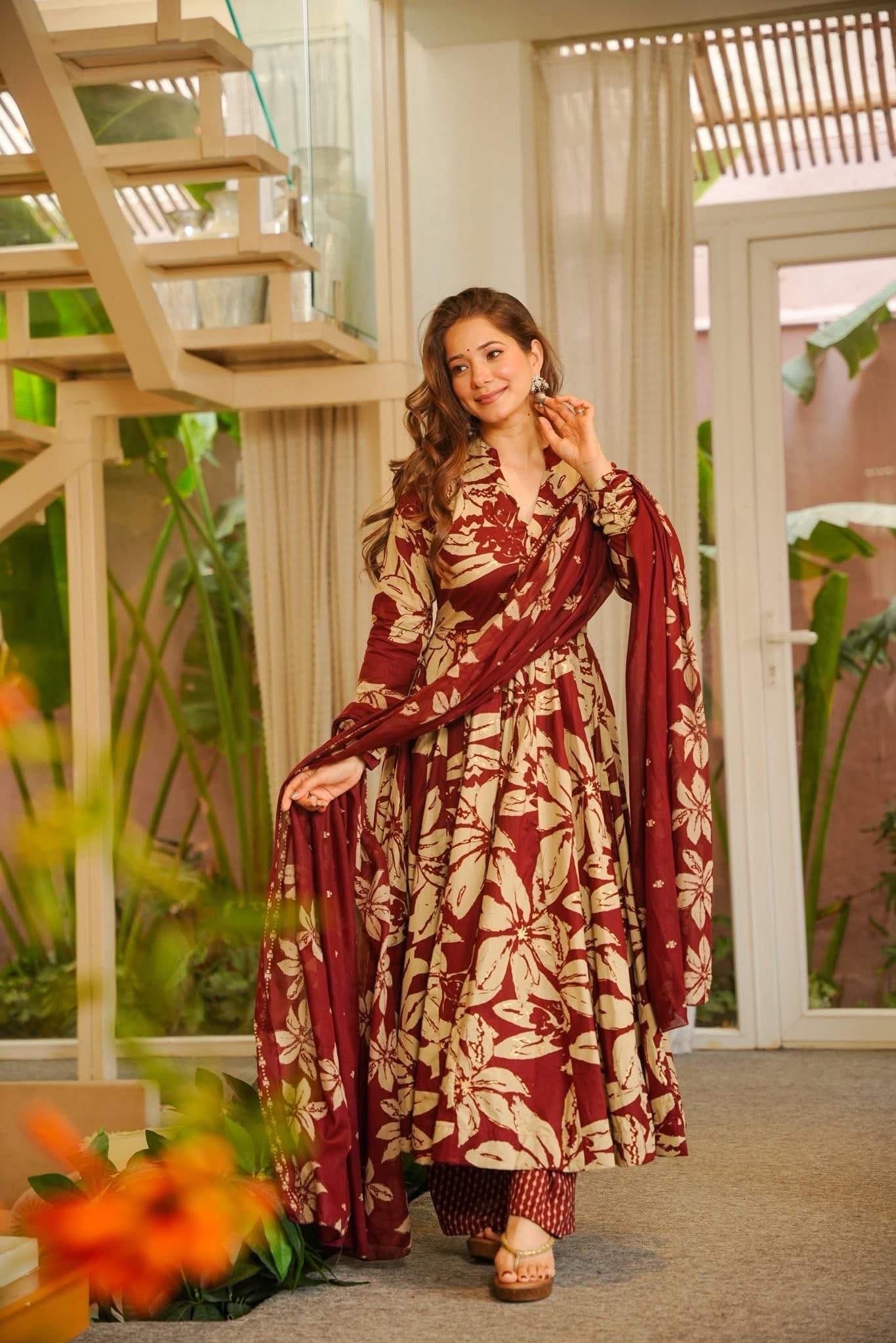 Manshika Maroon Cotton Anarkali Suit Set