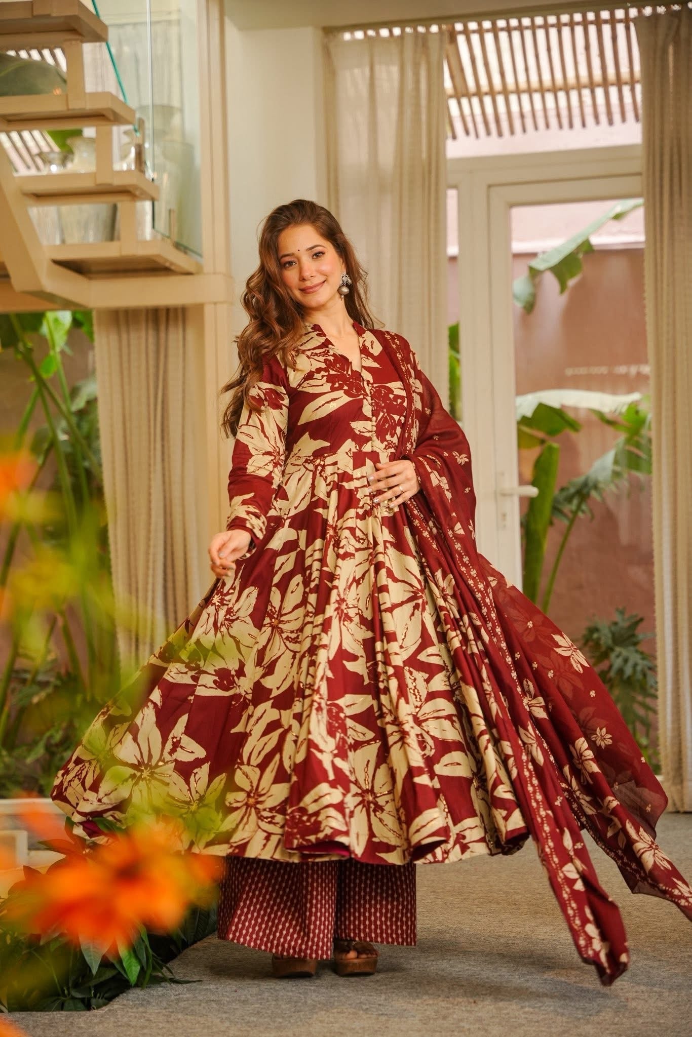 Manshika Maroon Cotton Anarkali Suit Set