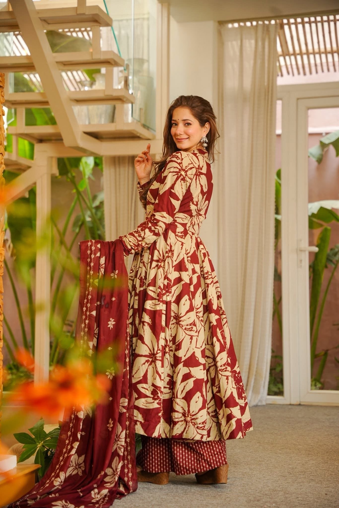 Manshika Maroon Cotton Anarkali Suit Set
