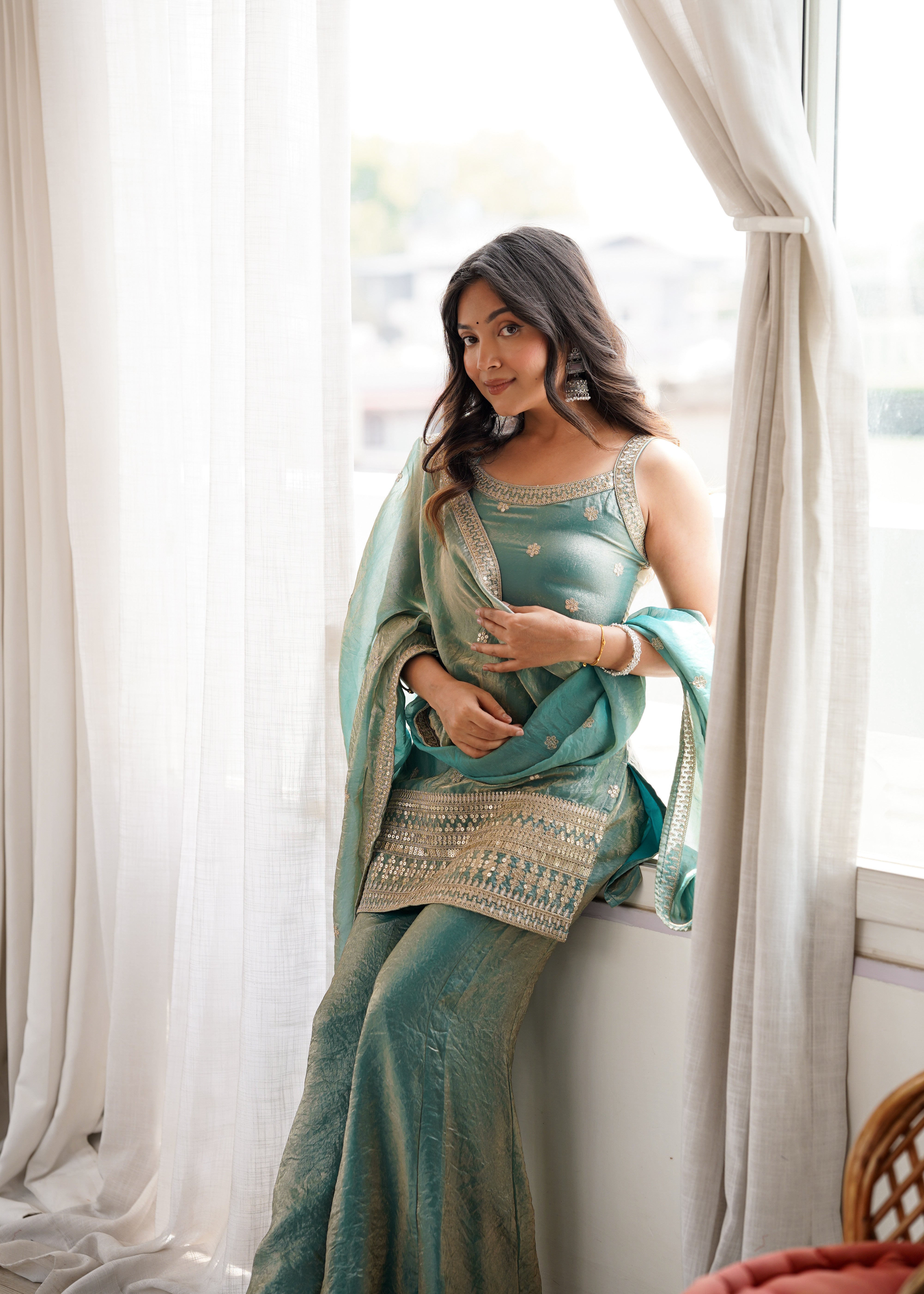 Women's Trendy Silk Kurta Set with Embroidery, Sequins, Dori & Zari Work, Bell Bottom Pants and Dupatta