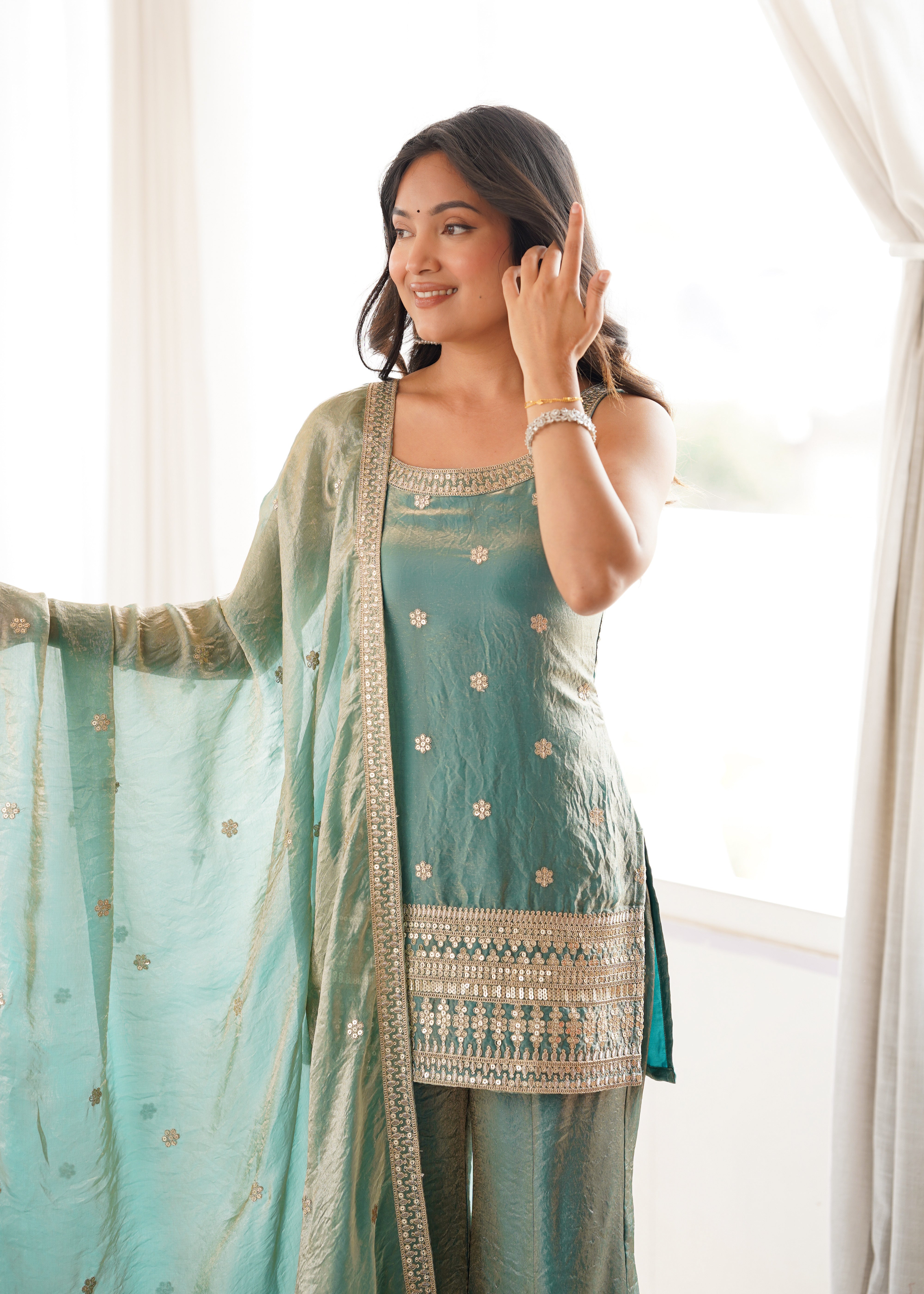 Women's Trendy Silk Kurta Set with Embroidery, Sequins, Dori & Zari Work, Bell Bottom Pants and Dupatta