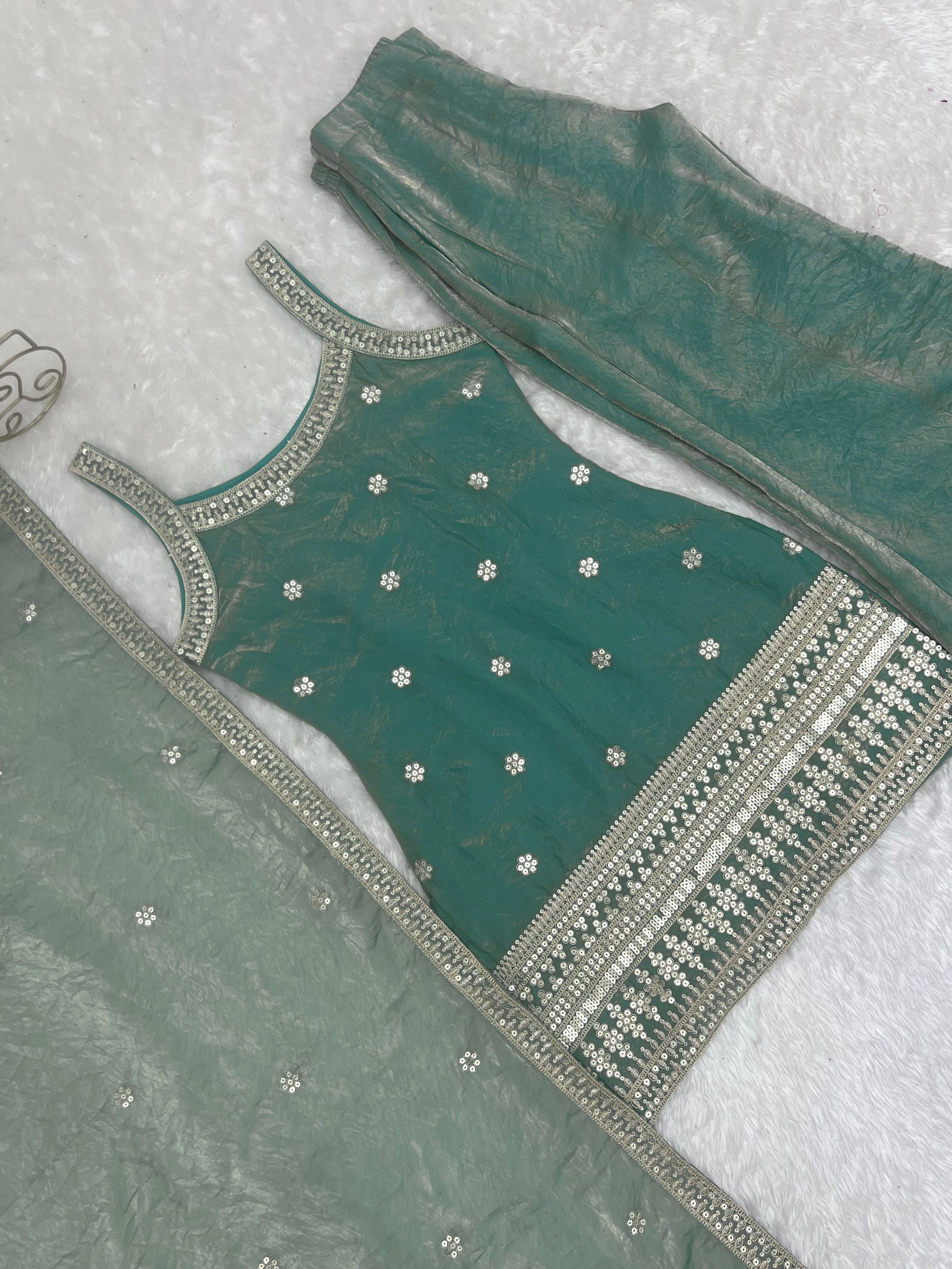 Women's Trendy Silk Kurta Set with Embroidery, Sequins, Dori & Zari Work, Bell Bottom Pants and Dupatta