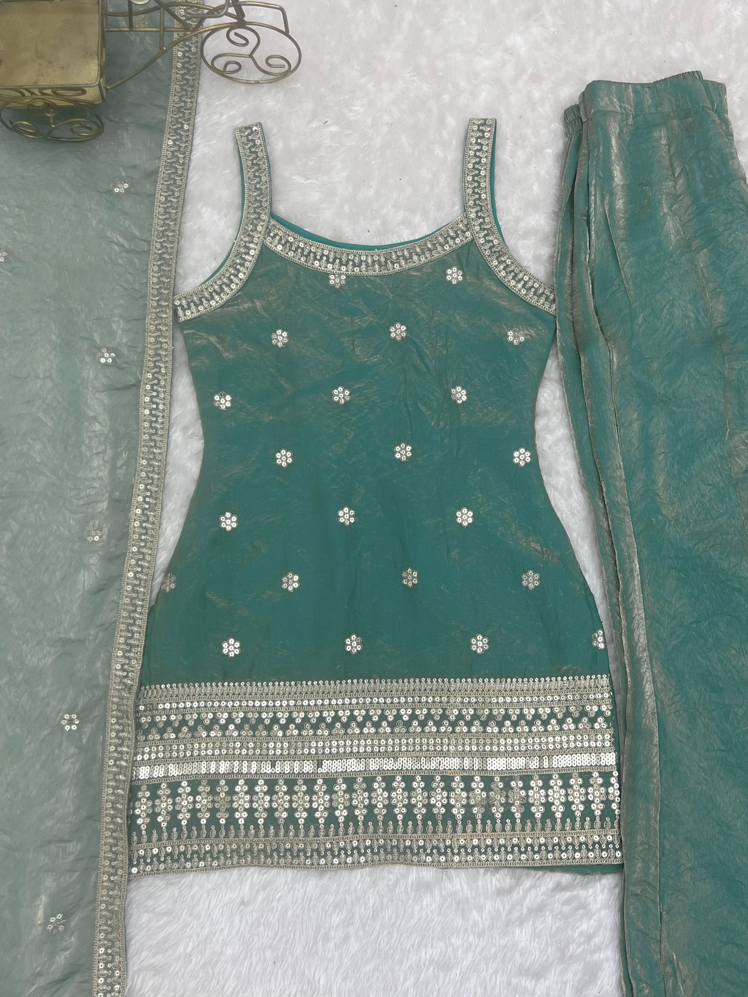 Women's Trendy Silk Kurta Set with Embroidery, Sequins, Dori & Zari Work, Bell Bottom Pants and Dupatta