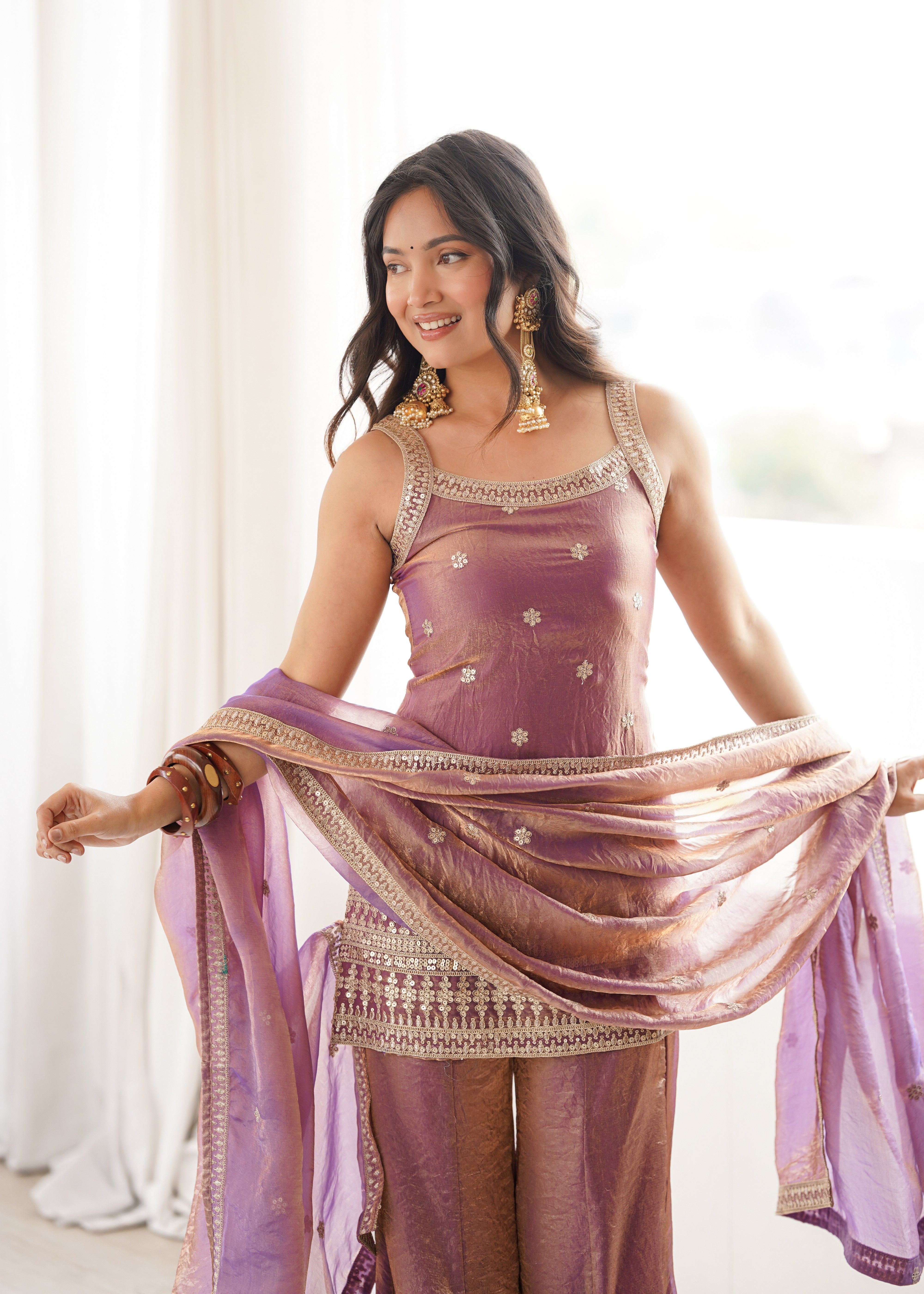 Women's Trendy Silk Kurta Set with Embroidery, Sequins, Dori & Zari Work, Bell Bottom Pants and Dupatta
