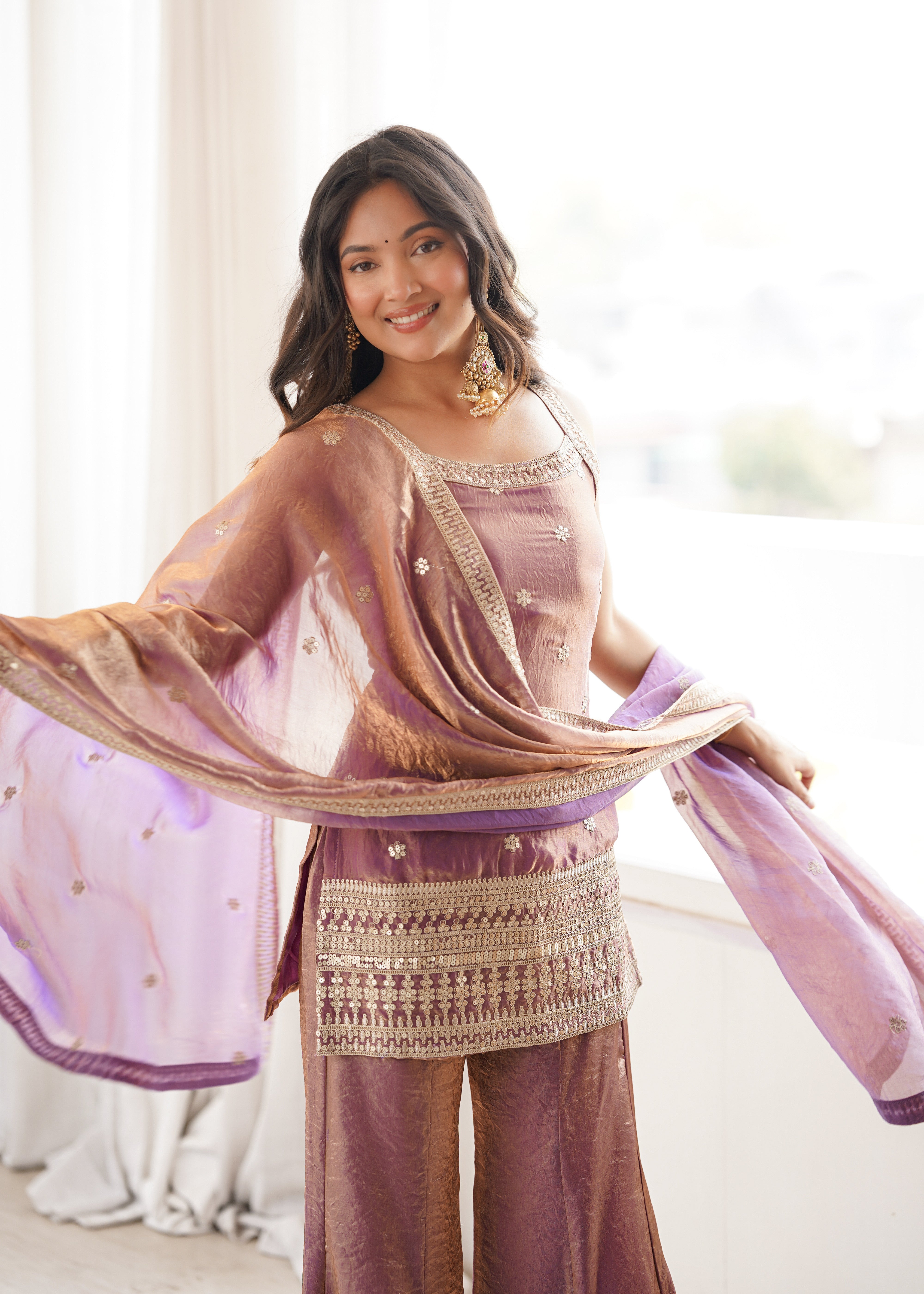 Women's Trendy Silk Kurta Set with Embroidery, Sequins, Dori & Zari Work, Bell Bottom Pants and Dupatta