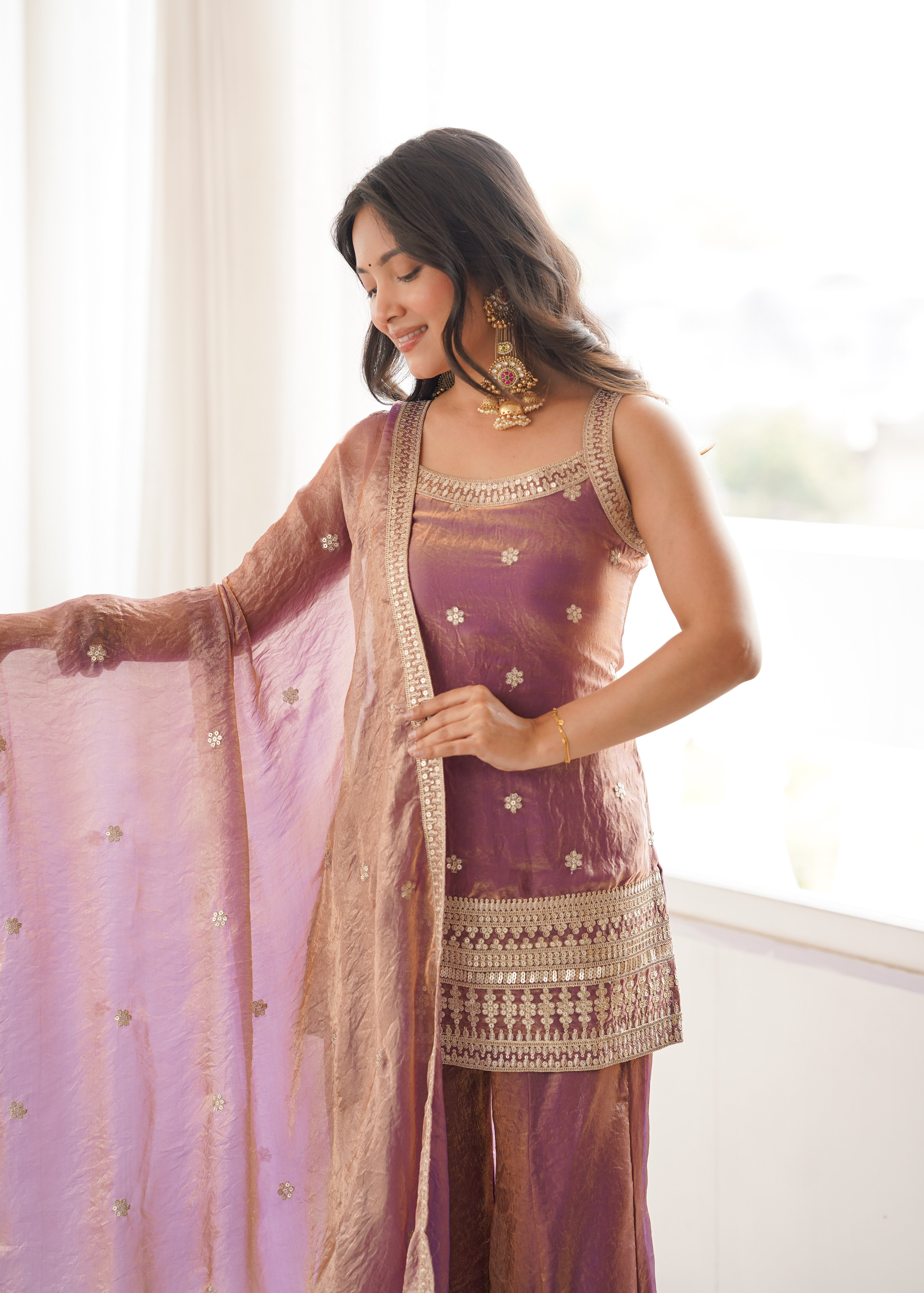 Women's Trendy Silk Kurta Set with Embroidery, Sequins, Dori & Zari Work, Bell Bottom Pants and Dupatta