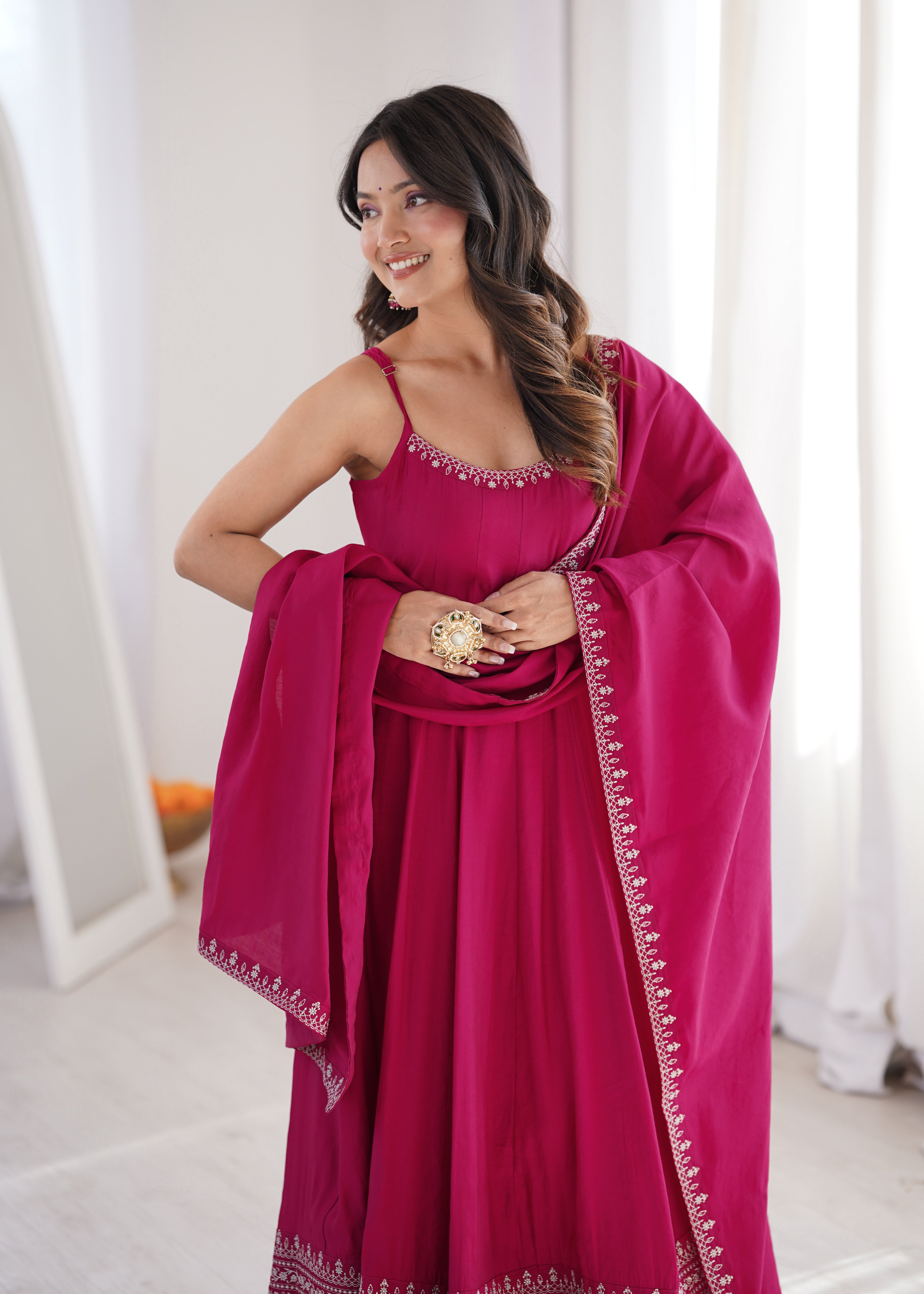 Women's Premium Roman Silk Chanderi Anarkali Suit Set with Embroidered Flare, Lace Work & Dupatta