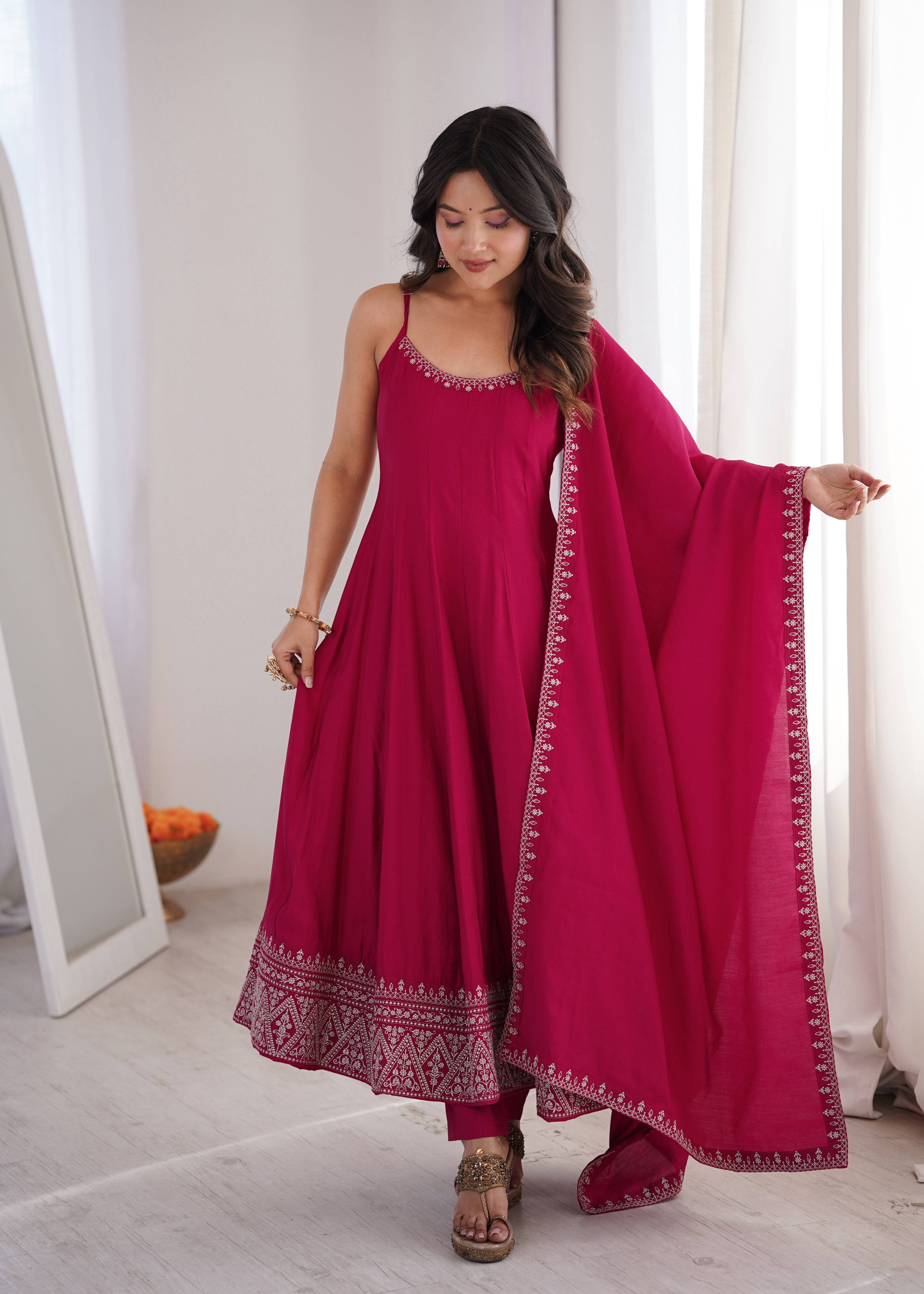 Women's Premium Roman Silk Chanderi Anarkali Suit Set with Embroidered Flare, Lace Work & Dupatta