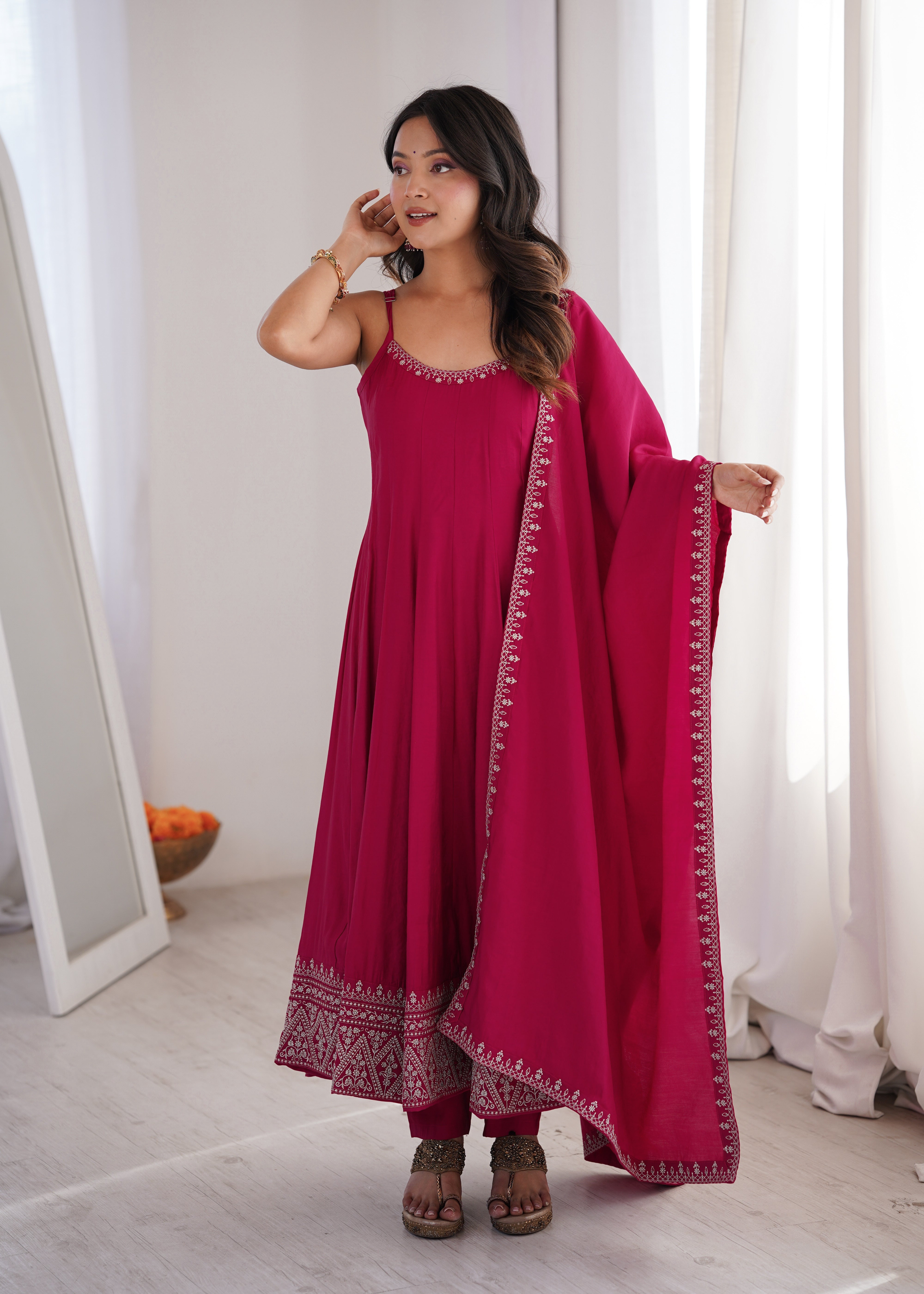 Women's Premium Roman Silk Chanderi Anarkali Suit Set with Embroidered Flare, Lace Work & Dupatta