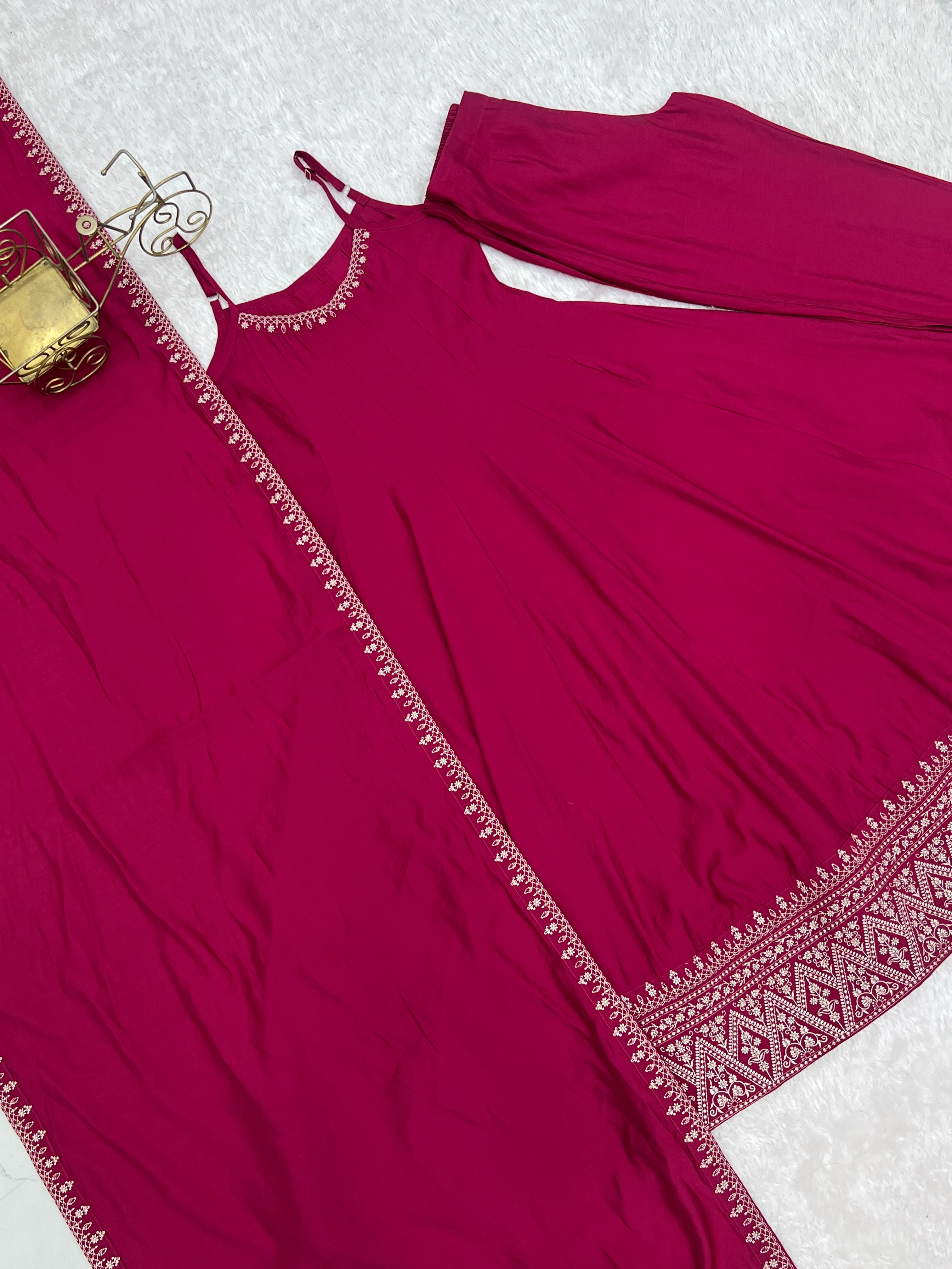 Women's Premium Roman Silk Chanderi Anarkali Suit Set with Embroidered Flare, Lace Work & Dupatta