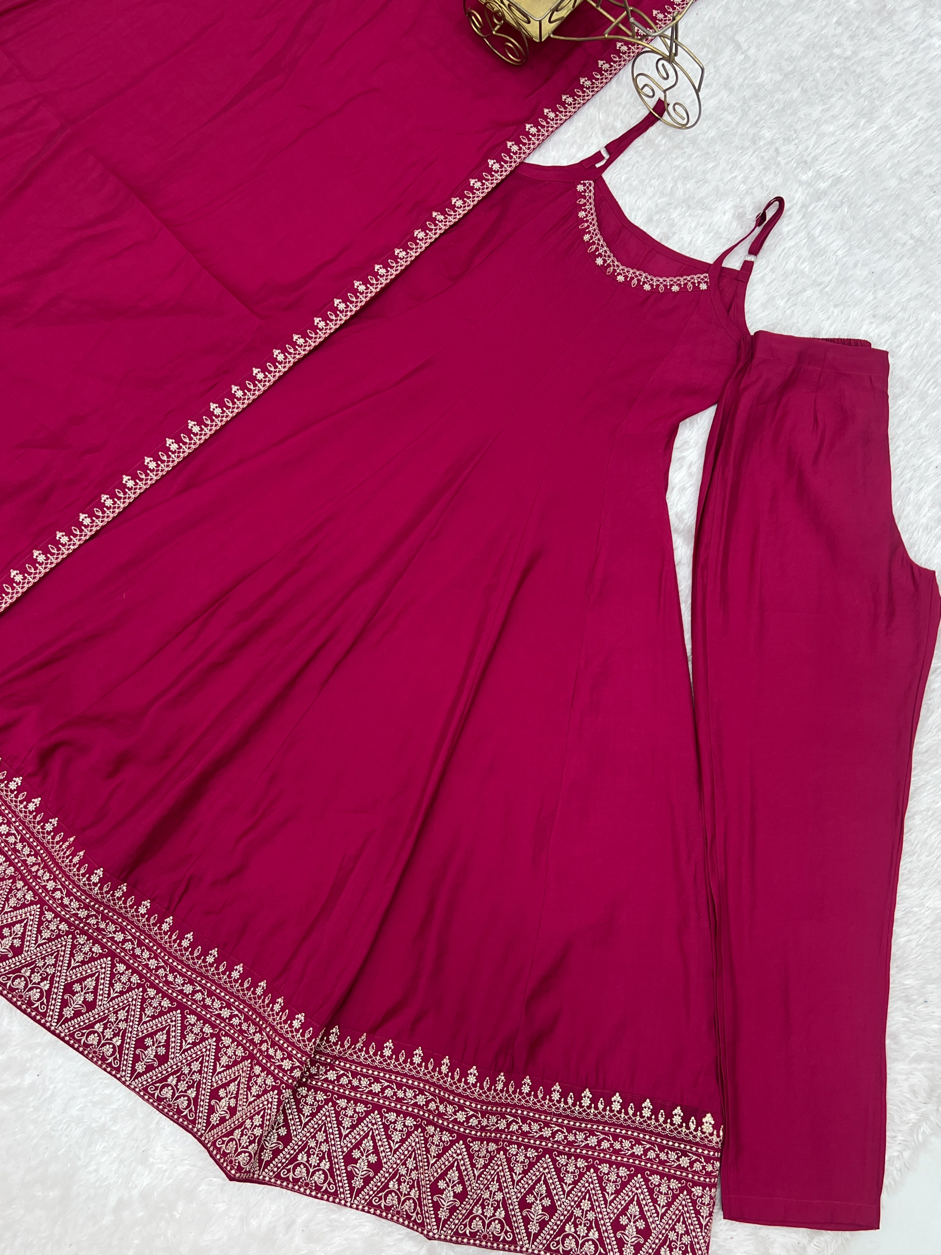 Women's Premium Roman Silk Chanderi Anarkali Suit Set with Embroidered Flare, Lace Work & Dupatta
