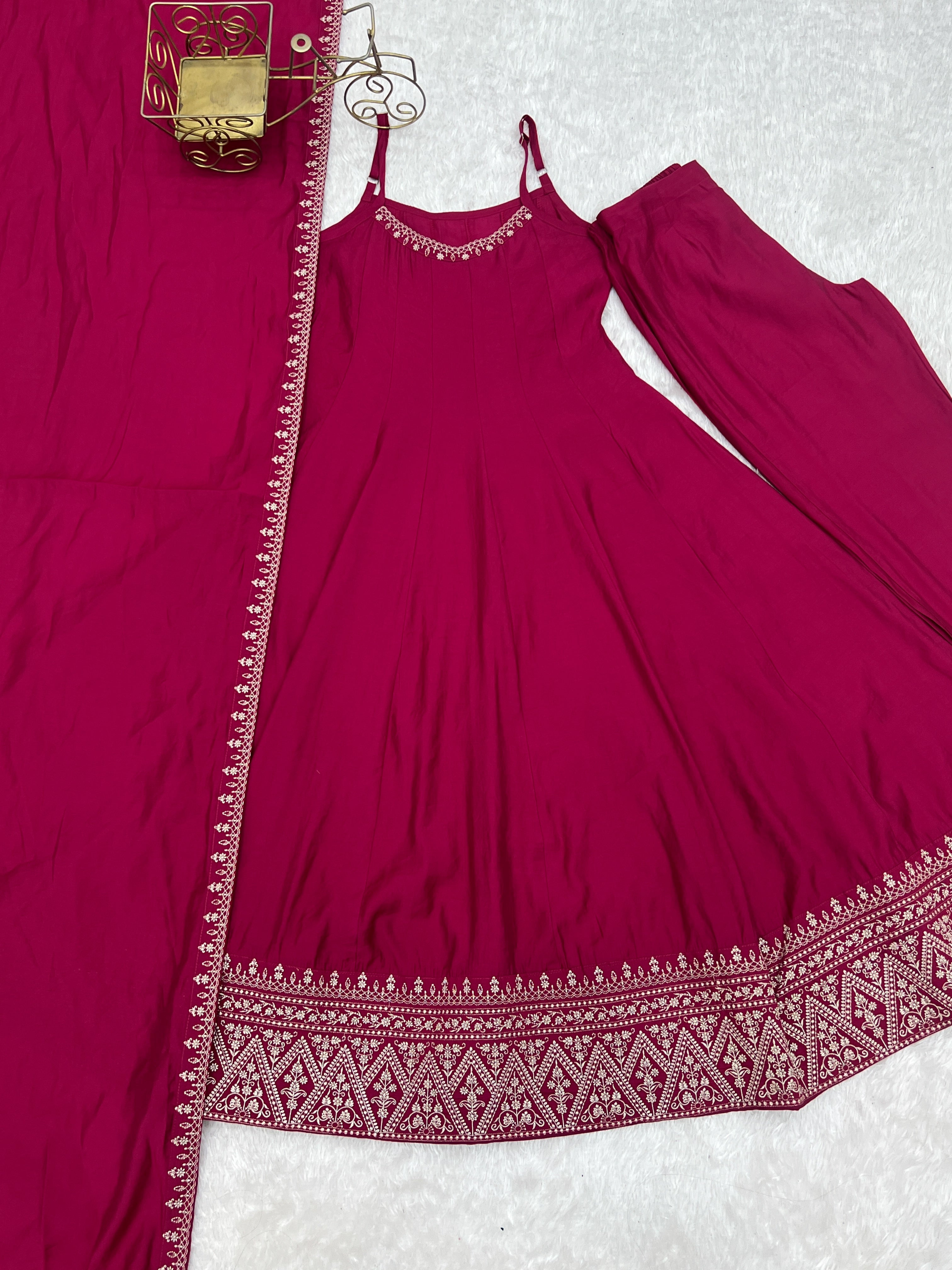 Women's Premium Roman Silk Chanderi Anarkali Suit Set with Embroidered Flare, Lace Work & Dupatta