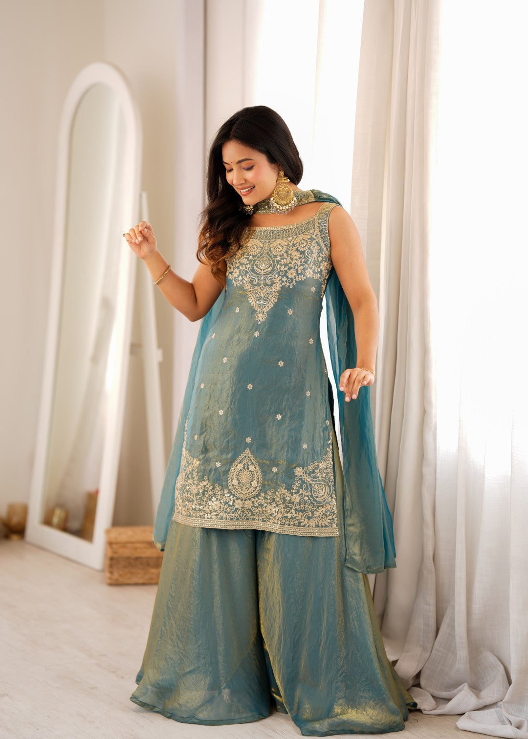 Women's Premium Soft Fendy Silk Sharara Suit Set with Embroidery, Sequins, Dori, Zari Work