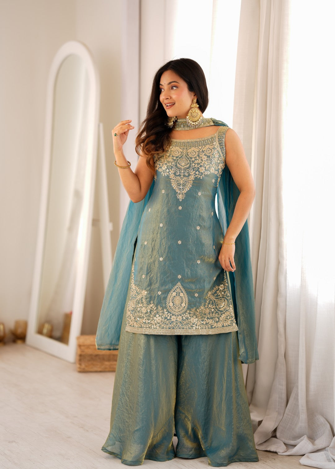 Women's Premium Soft Fendy Silk Sharara Suit Set with Embroidery, Sequins, Dori, Zari Work