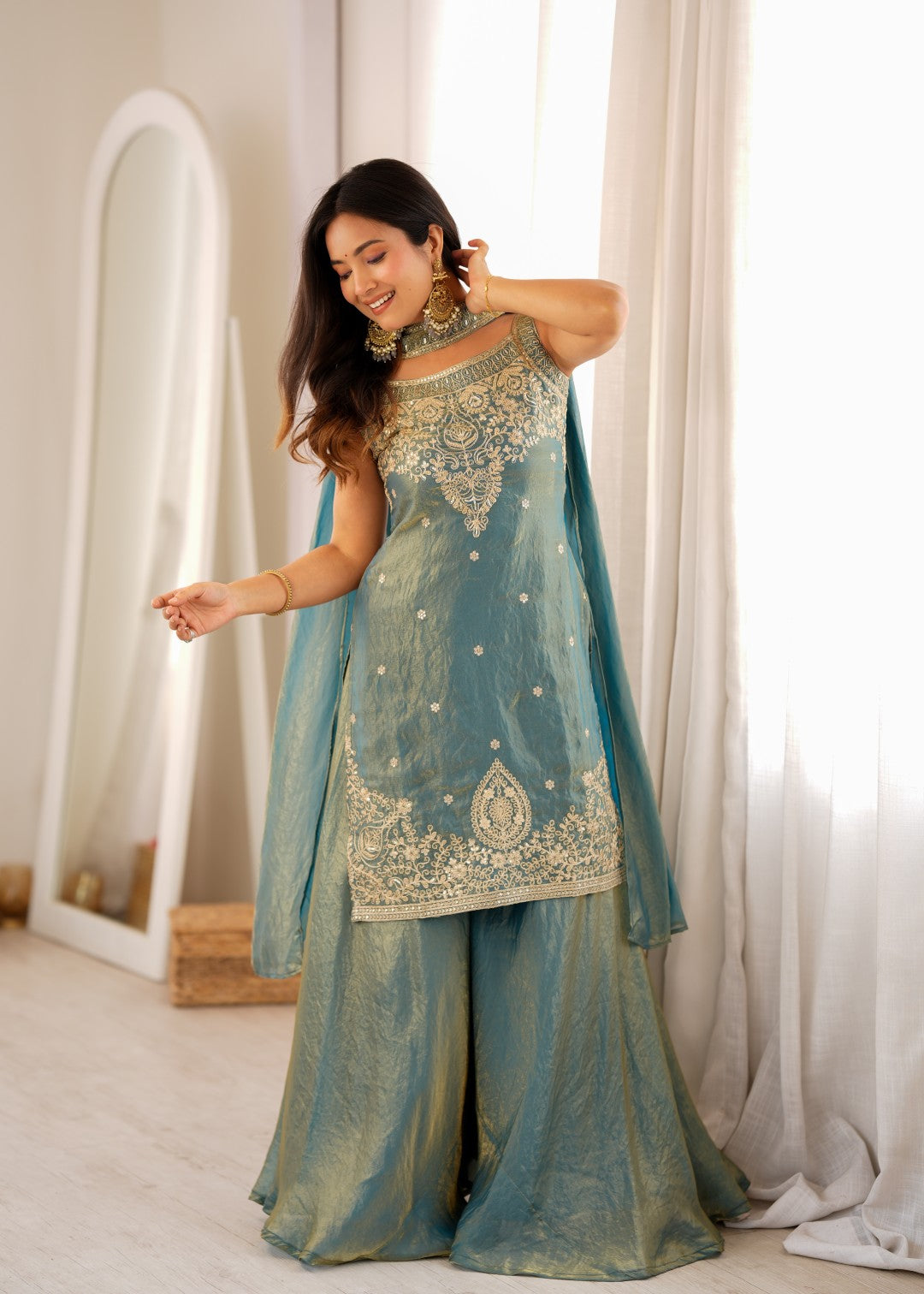 Women's Premium Soft Fendy Silk Sharara Suit Set with Embroidery, Sequins, Dori, Zari Work