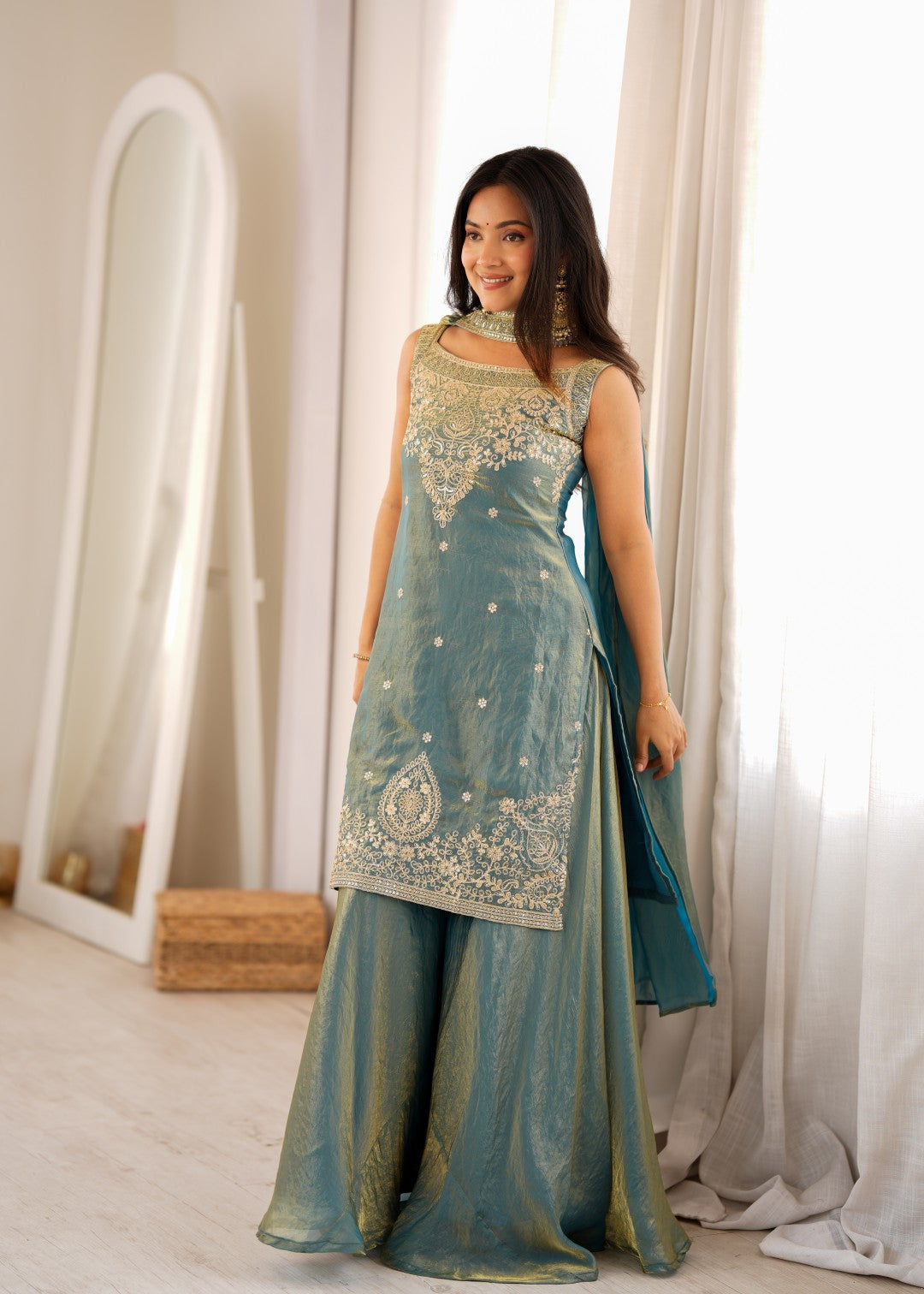 Women's Premium Soft Fendy Silk Sharara Suit Set with Embroidery, Sequins, Dori, Zari Work