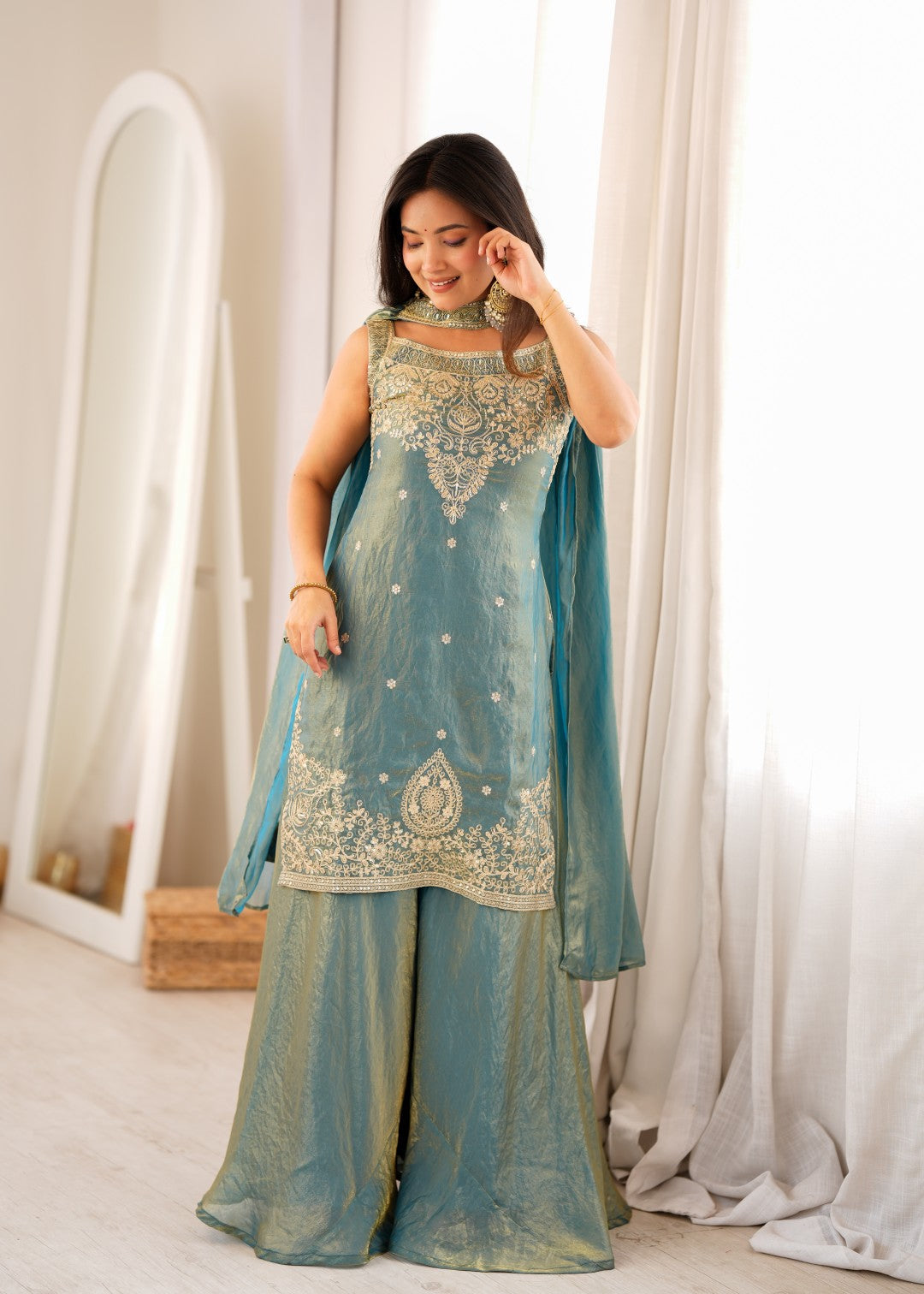 Women's Premium Soft Fendy Silk Sharara Suit Set with Embroidery, Sequins, Dori, Zari Work