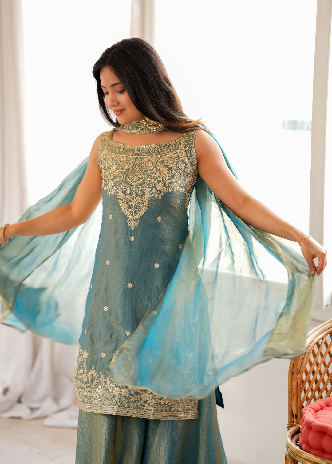 Women's Premium Soft Fendy Silk Sharara Suit Set with Embroidery, Sequins, Dori, Zari Work