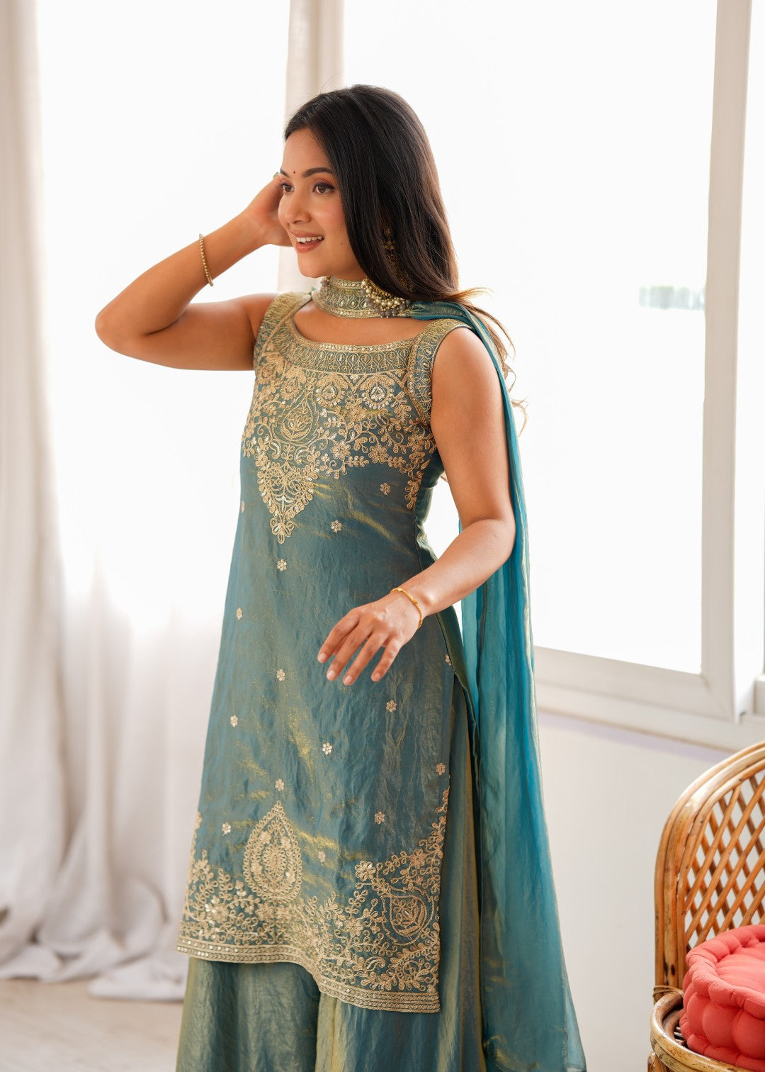 Women's Premium Soft Fendy Silk Sharara Suit Set with Embroidery, Sequins, Dori, Zari Work
