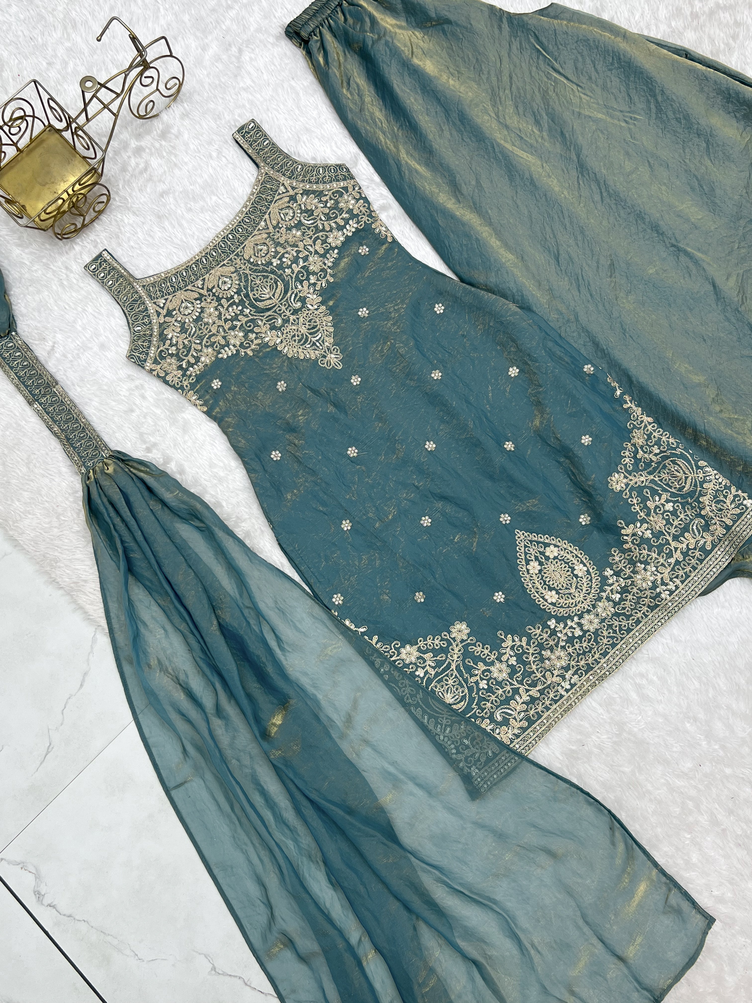Women's Premium Soft Fendy Silk Sharara Suit Set with Embroidery, Sequins, Dori, Zari Work