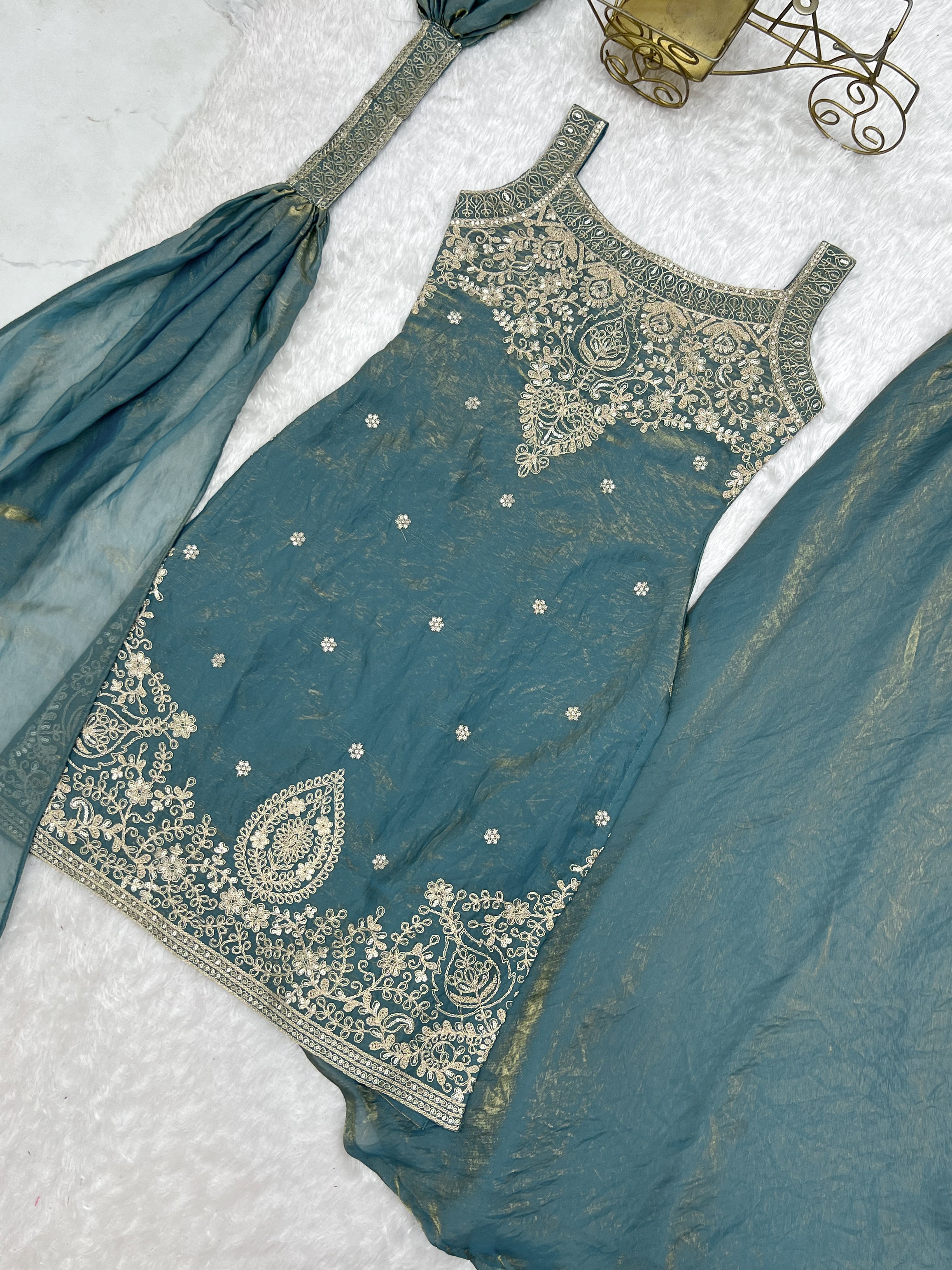 Women's Premium Soft Fendy Silk Sharara Suit Set with Embroidery, Sequins, Dori, Zari Work