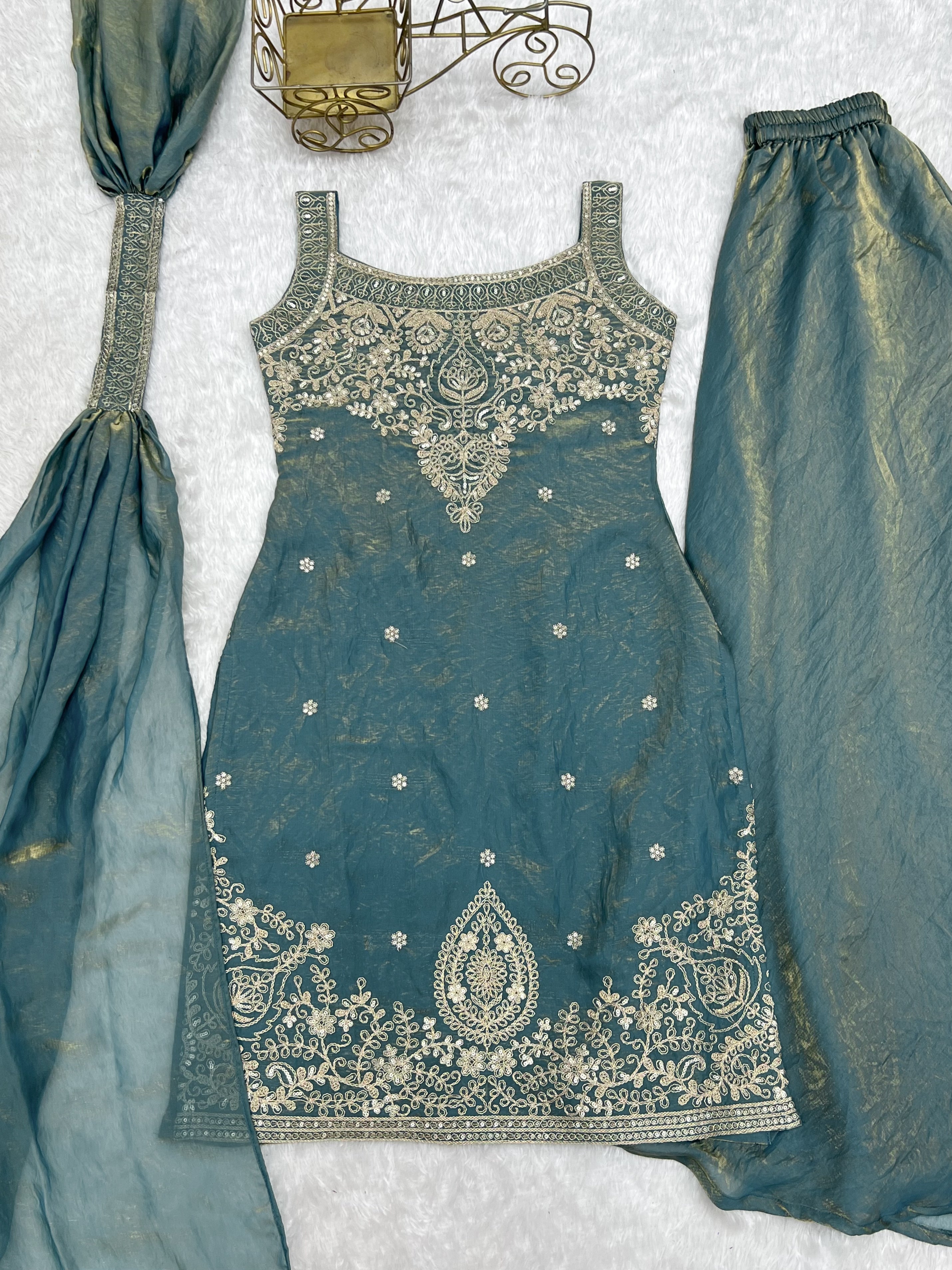 Women's Premium Soft Fendy Silk Sharara Suit Set with Embroidery, Sequins, Dori, Zari Work