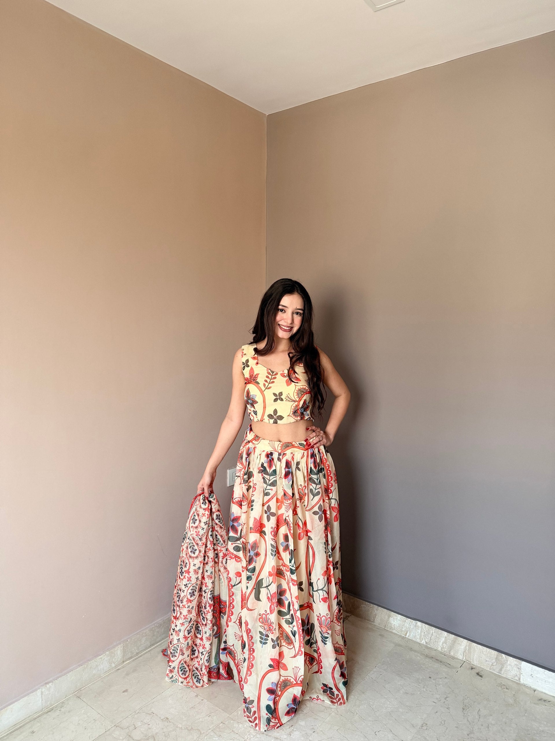 Floral Printed Lehenga Set with Designer Blouse & Dupatta