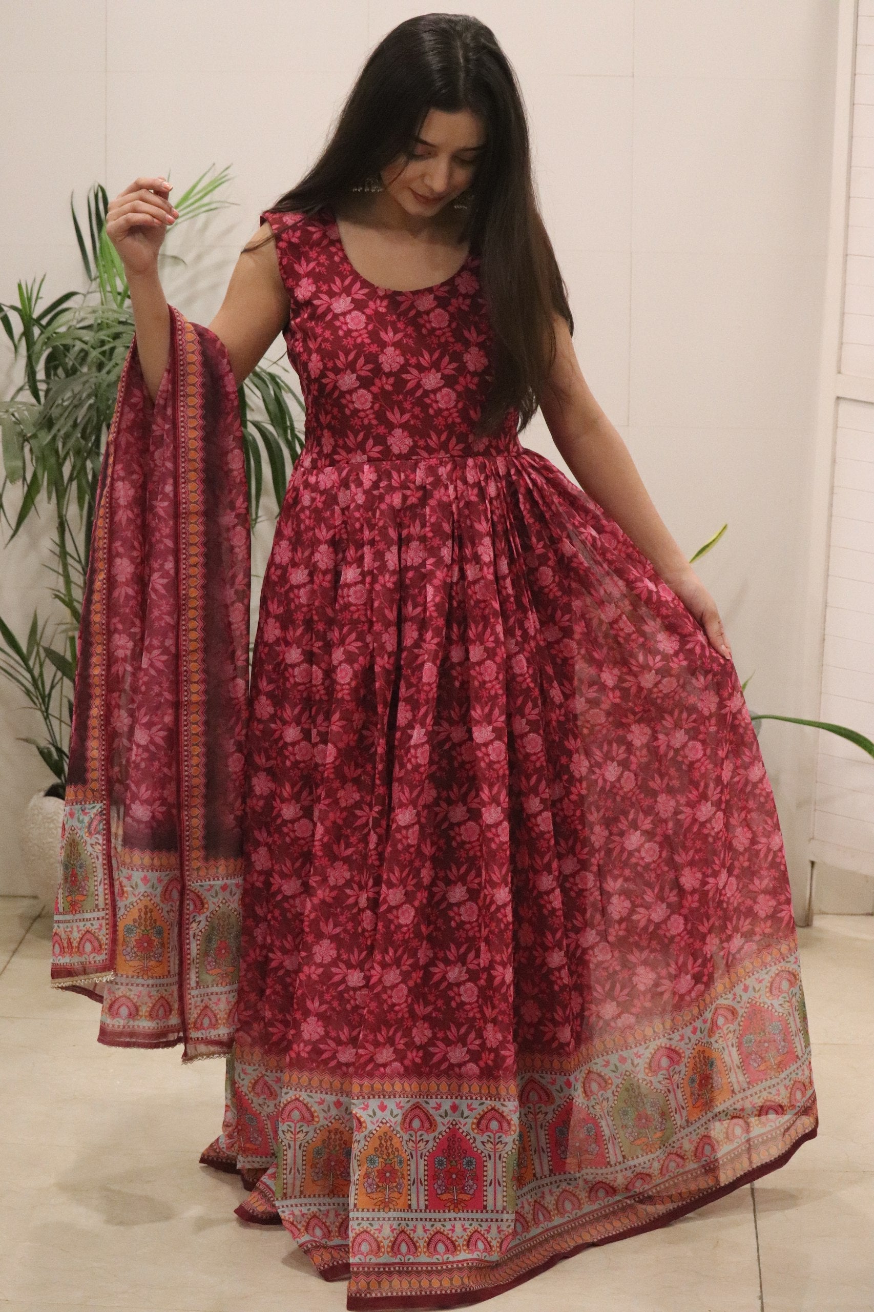 Designer Floral Pure Organza Silk Gown with Dupatta