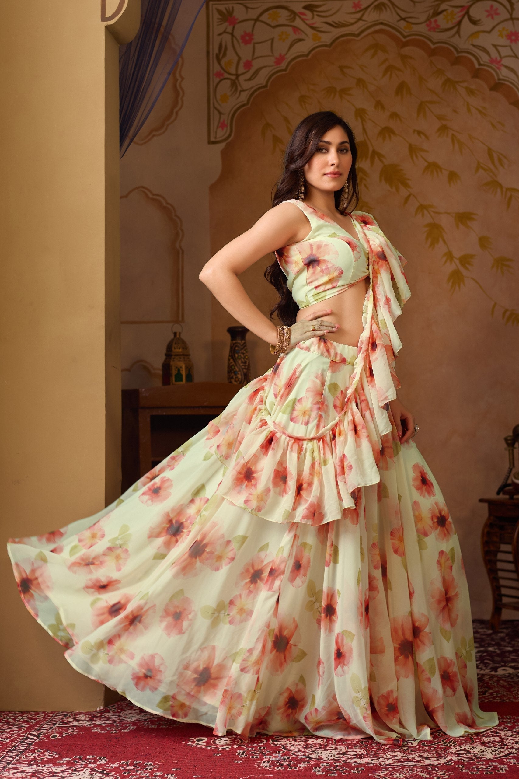 Floral Digital Print Georgette Lehenga Set with Dupatta